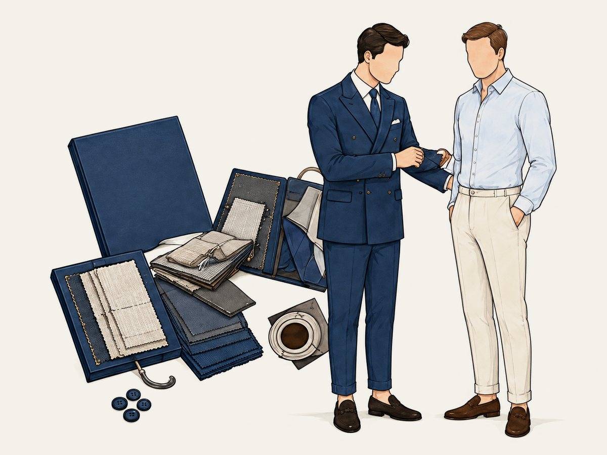 Illustration: the tailor shows swatch books to a client, at the client’s home.