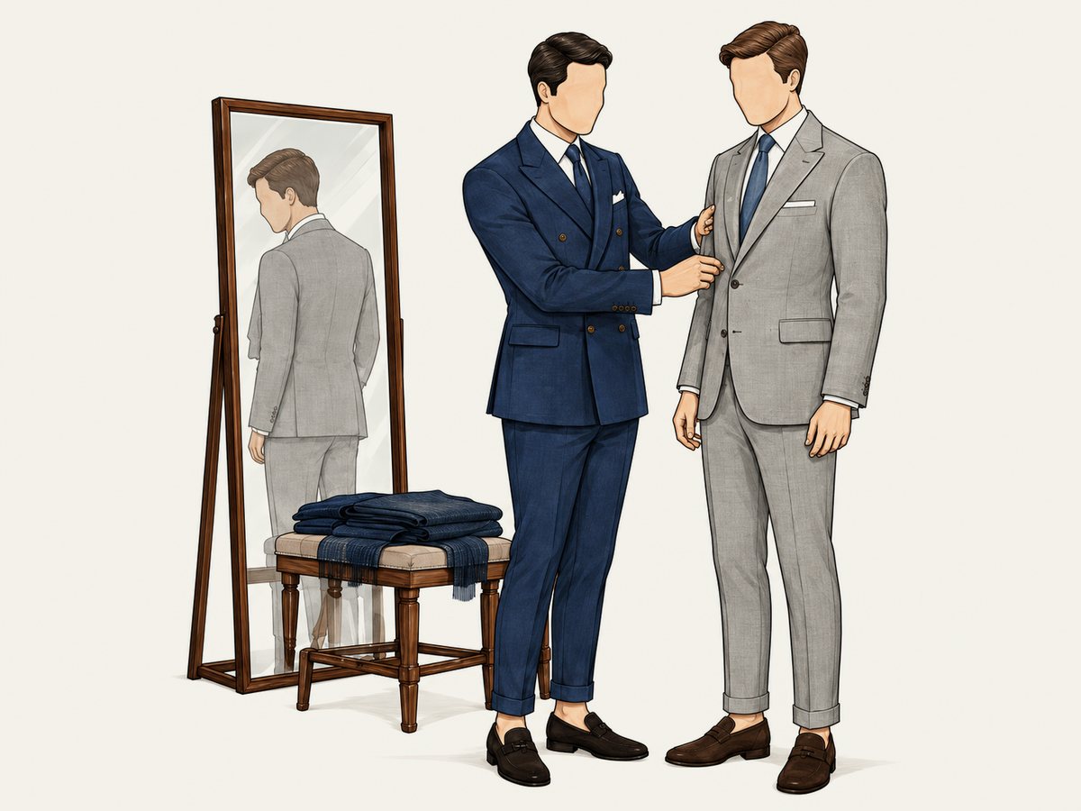 Illustration: first fitting in front of a mirror, the tailor adjusts the jacket.