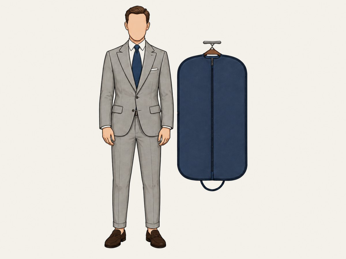 Illustration: the client wears his finished suit, next to its garment bag.