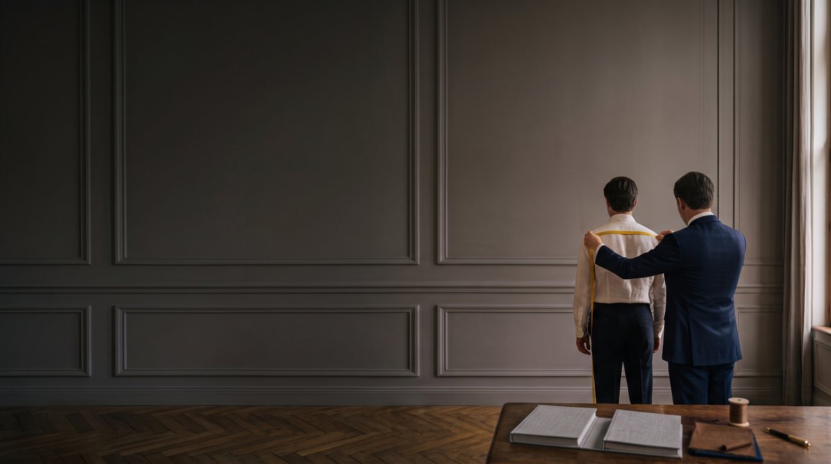 A tailor, seen from behind, measures a client’s shoulders in front of a grey panelled wall.