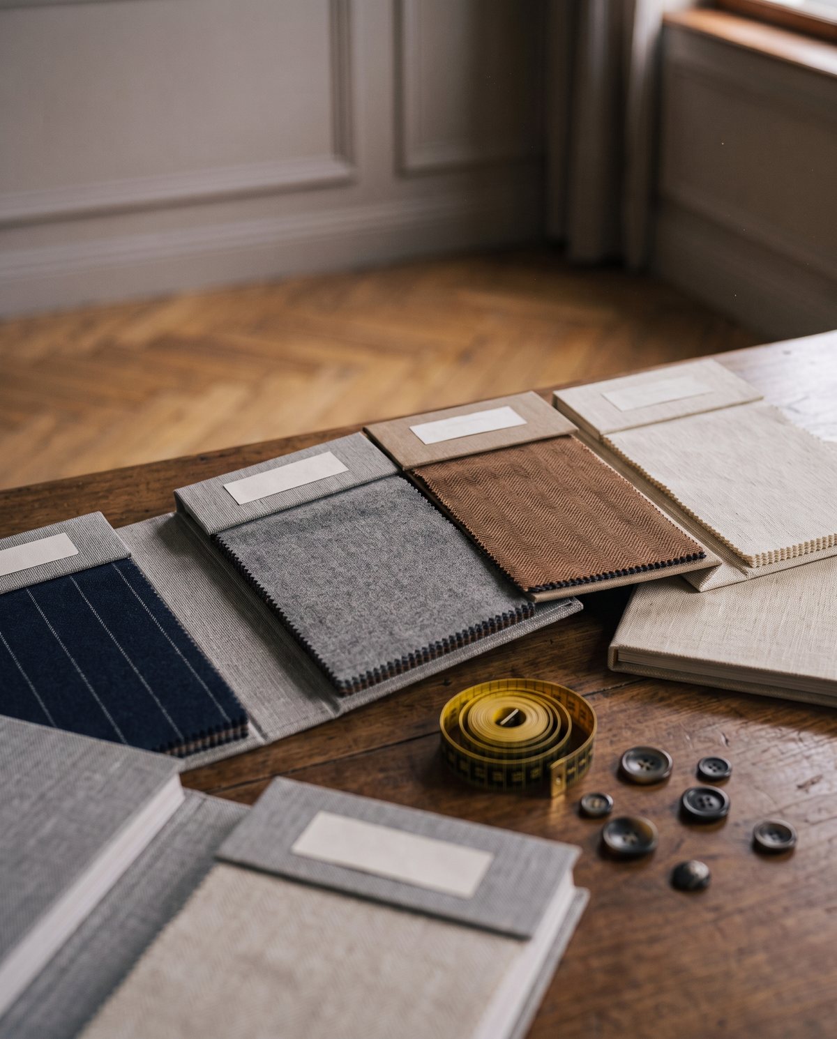 Open fabric swatch books on a table, in an apartment.